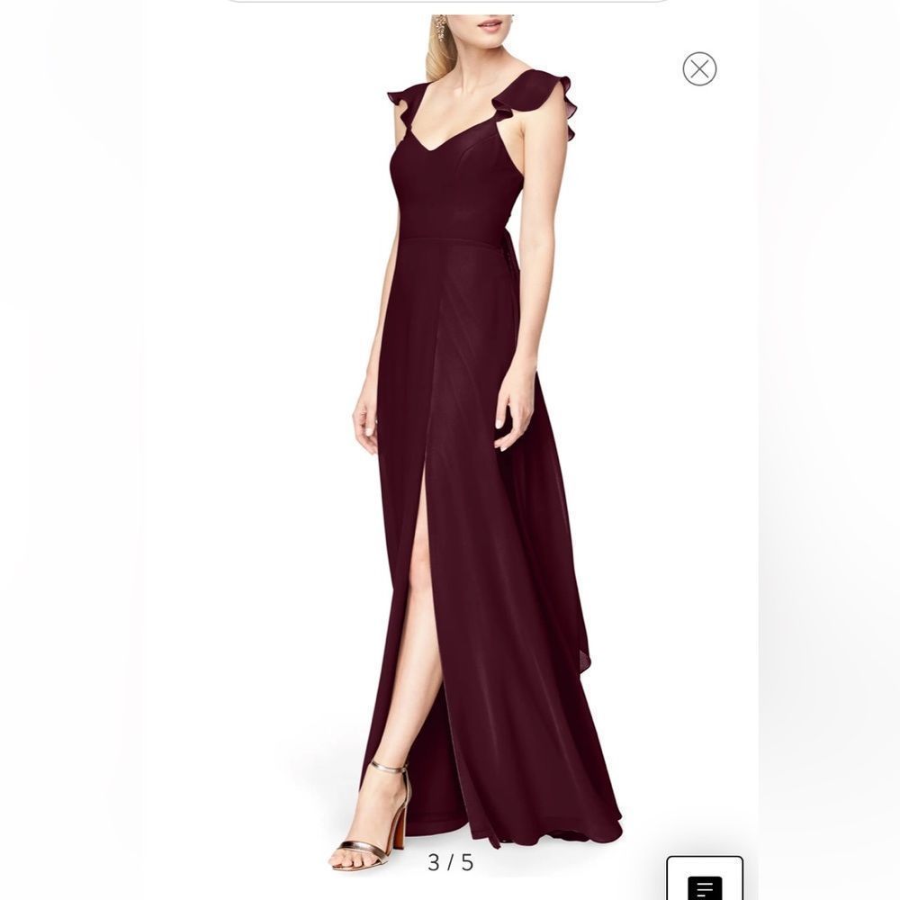 Levkoff Ruffle Sleeve Open Back Chiffon Gown in Wine | Size 18